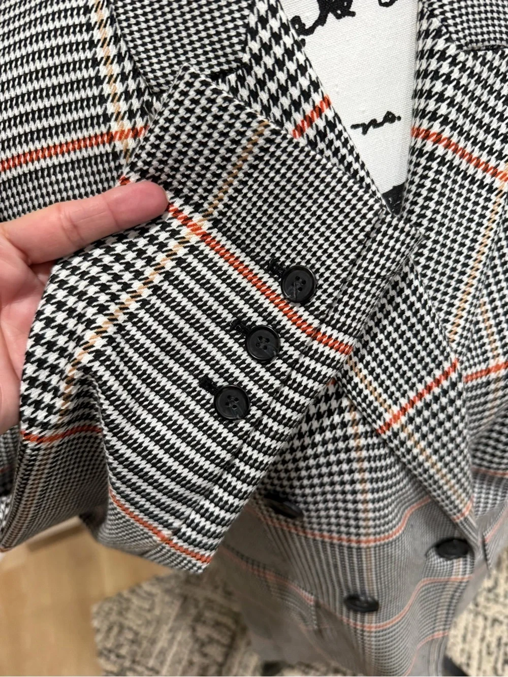Halogen Black & Gray Plaid Double-Breasted Blazer with Brown Accent